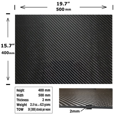 Carbon Fiber Plates - 400mm x 500mm x 2mm Thick - 100% -3K