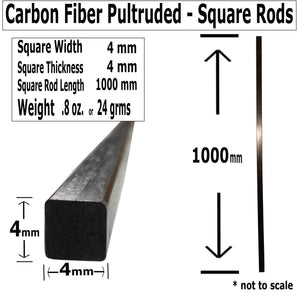 (2) 4mm X 1000mm - PULTRUDED-Square Carbon Fiber Rods. 100% Pultruded high Strength Carbon Fiber. Used for Drones, Radio Controlled Vehicles. Projects requiring high Strength to Weight Components.