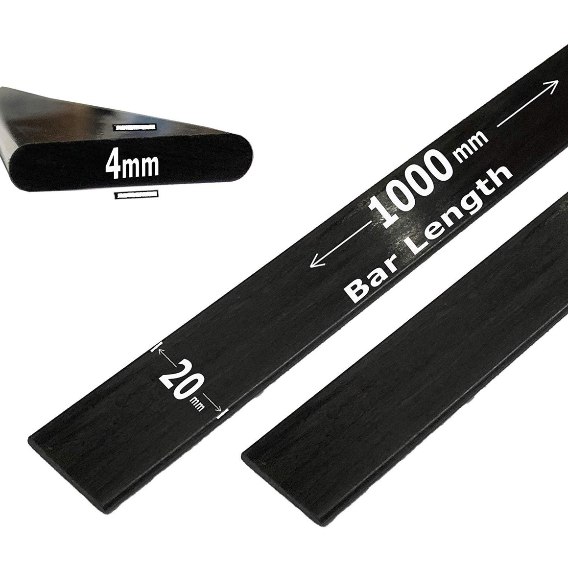 (4) 4mm x 20mm 1000mm - PULTRUDED-Flat Carbon Fiber Bar. 100% Pultruded high Strength Carbon Fiber. Used for Drones, Radio Controlled Vehicles. Projects requiring high Strength Components