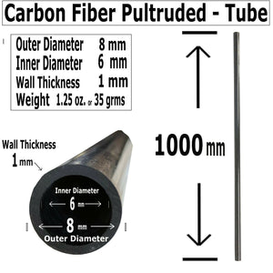 (2) Pieces - 8mm x 6mm x 1000mm Carbon Fiber Tube - Pultruded Round Tube. Super High Strength for RC Hobbies, Drones, Special Projects