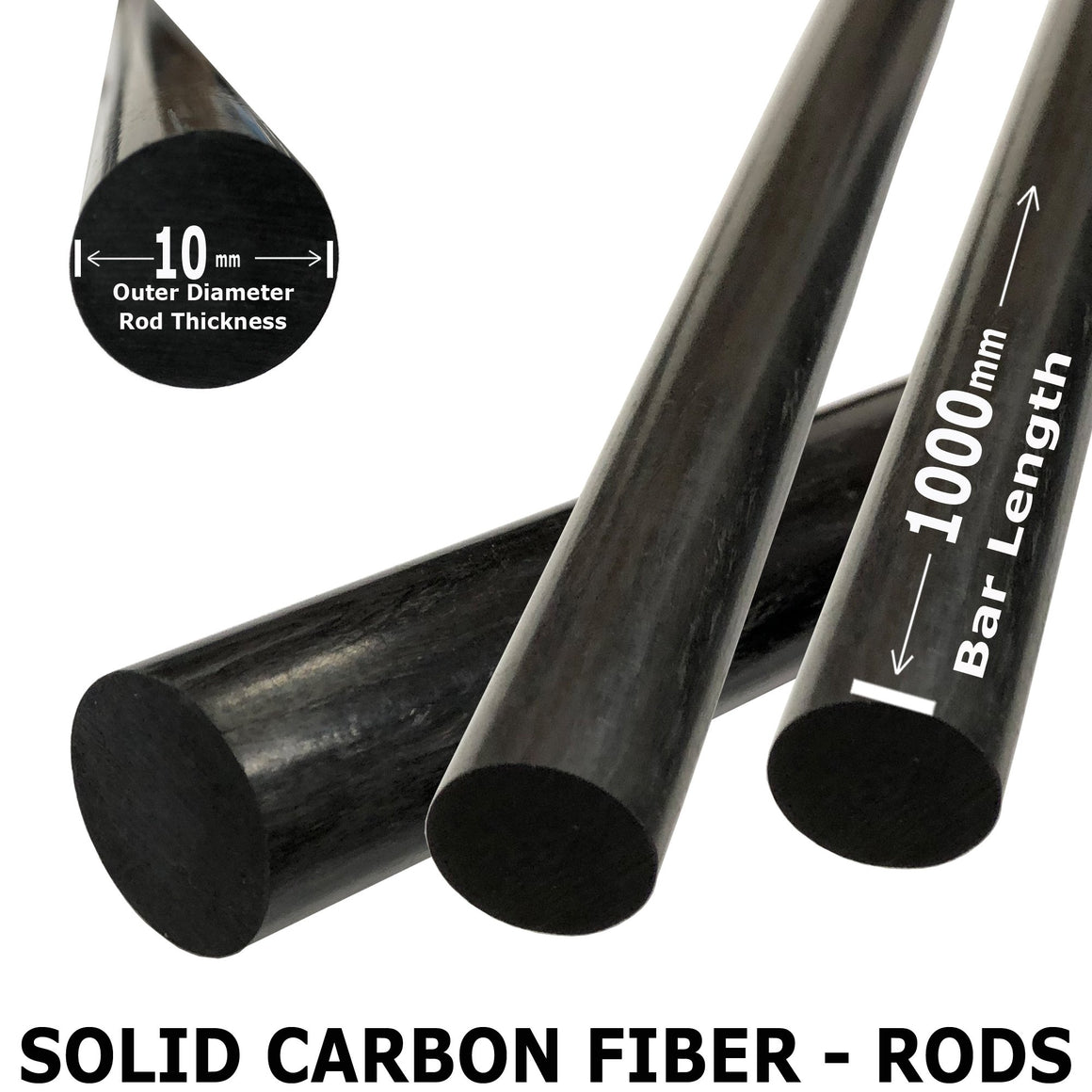 (2) Pieces - 10mm x 1000mm Carbon Fiber RODS - Solid Pultruded Round Rods. Super High Strength for RC Hobbies, Drones, Special Projects
