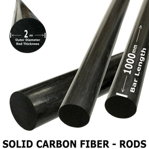 (2) Pieces - 2mm x 1000mm Carbon Fiber RODS - Solid Pultruded Round Rods. Super High Strength for RC Hobbies, Drones, Special Projects