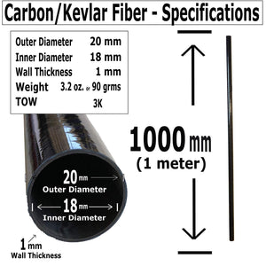 (1) Red Black Carbon Fiber Tube - 20mm x 18mm x 1000mm - 3K Roll Wrapped 100% Carbon Fiber Tube Glossy Surface (1) Tube