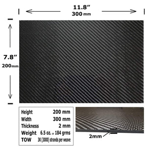 (1) Carbon Fiber Plate - 200mm x 300mm x 3mm Thick - 100% -3K Tow, Plain Weave -High Gloss Surface (1) Plate