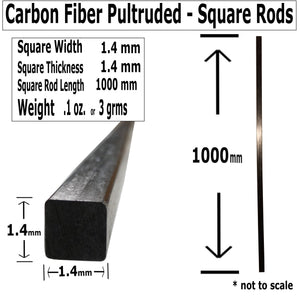 (4) 1.4 X 1000-PULTRUDED-Square Carbon Fiber Rods. 100% Pultruded high Strength Carbon Fiber. Used for Drones, Radio Controlled Vehicles. Projects requiring high Strength to Weight Components.