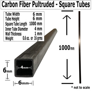 (10) Pultruded Square Carbon Fiber Tube - 6mm x 6mm x 1000mm